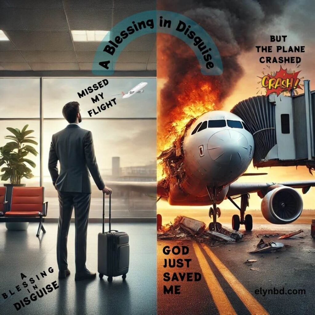 A man misses his flight, and the plane later crashes, symbolizing the idiom 'A Blessing in Disguise,' showing an initially unfortunate event leading to a positive outcome, used on Elynbd.com.