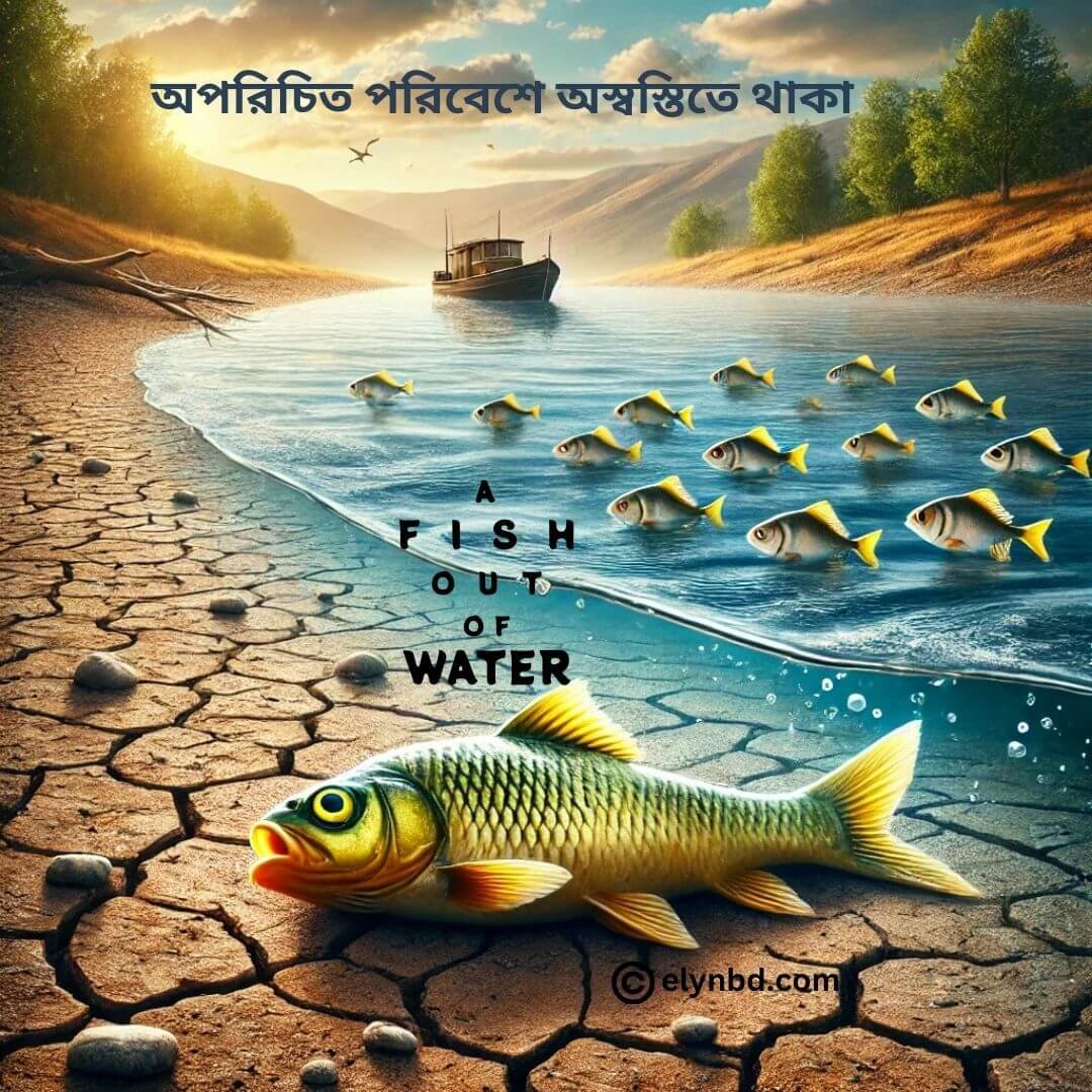 A fish out of water on a cracked dry land while other fishes swim comfortably in the river, symbolizing discomfort in unfamiliar environments.