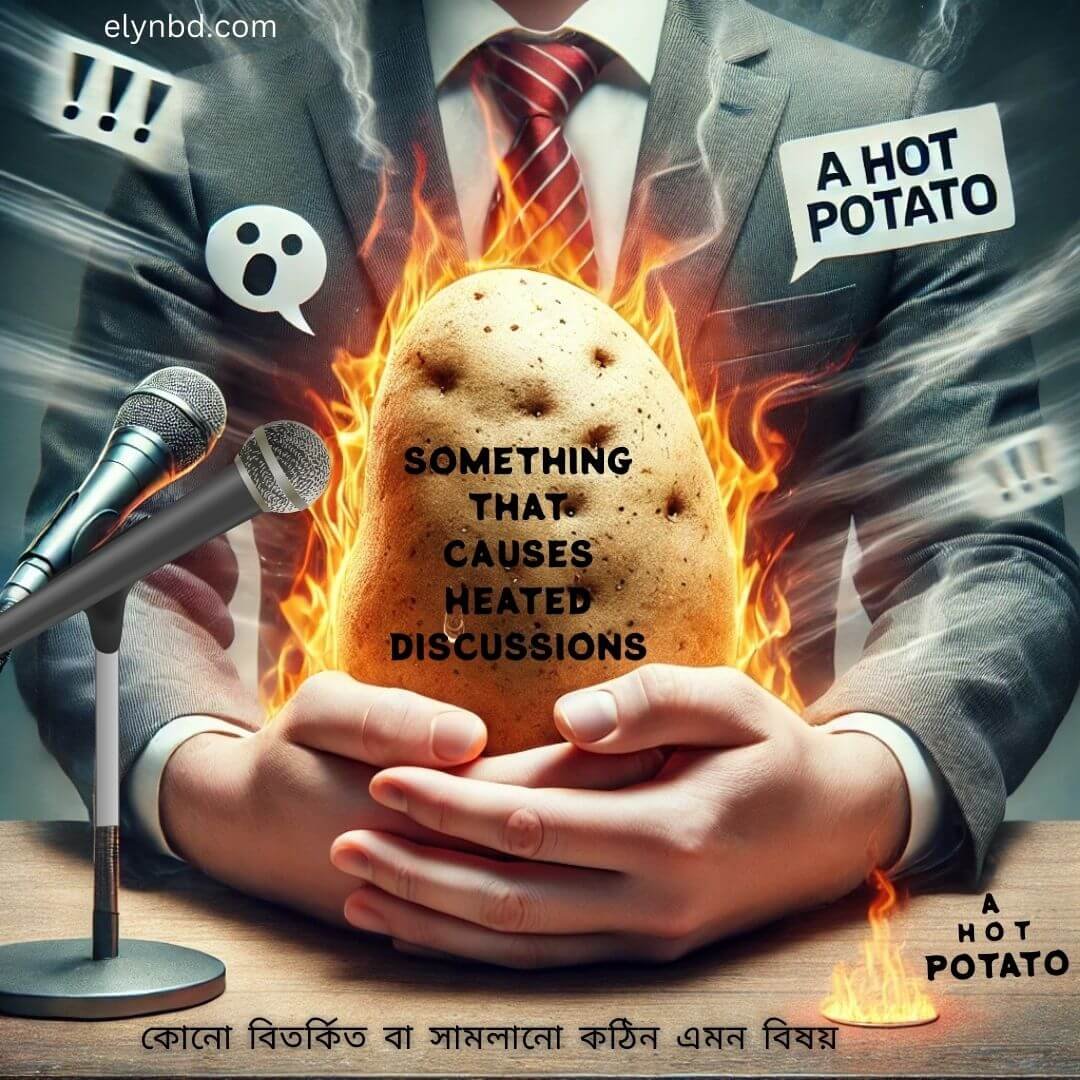 Illustration of a person holding a burning potato with microphones around, symbolizing the idiom 'A Hot Potato,' representing a controversial issue that sparks heated discussions, created for Elynbd.com.