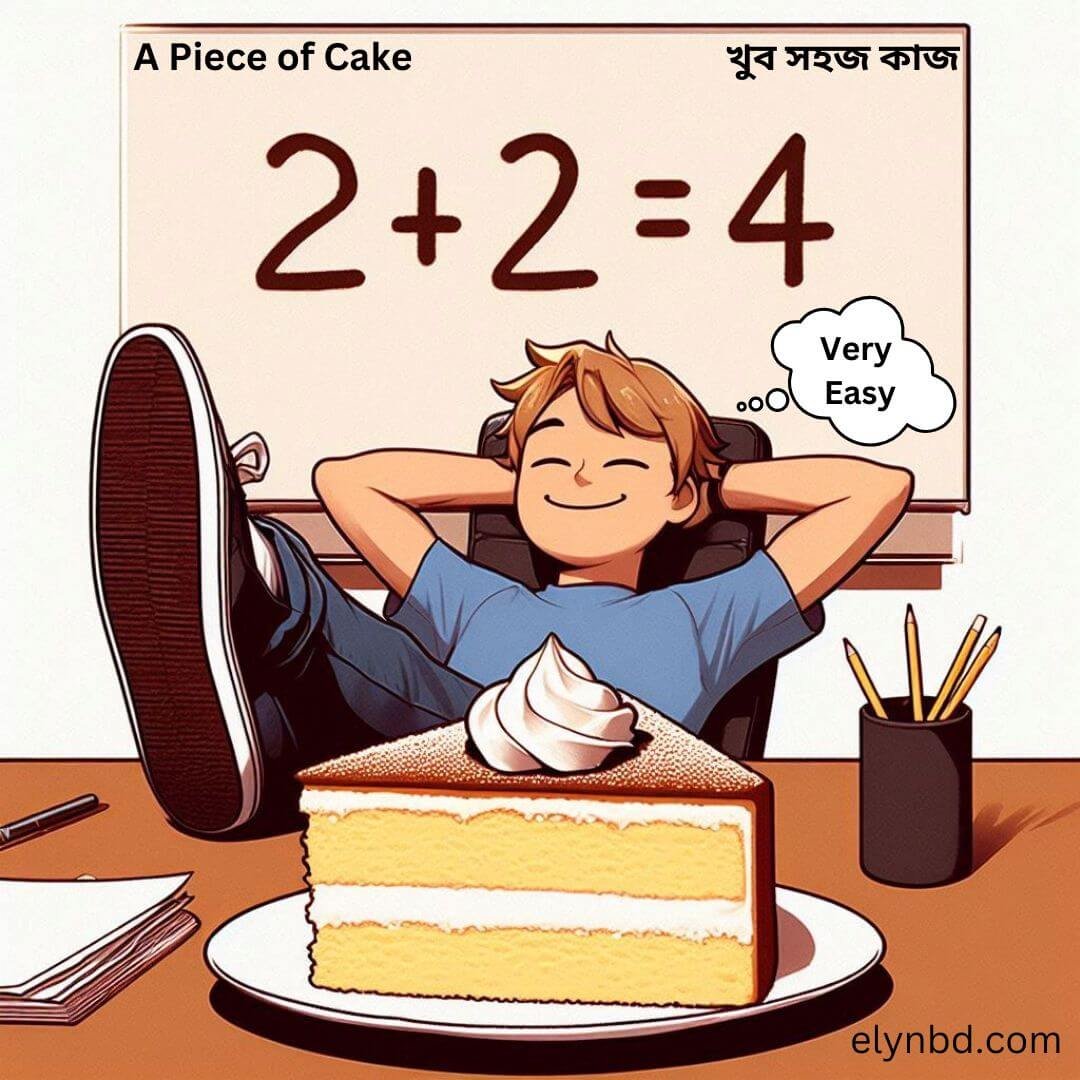 Illustration of a relaxed student leaning back in a chair, thinking 'Very Easy,' with a piece of cake on the table and a simple math equation '2+2=4' on a board, symbolizing the idiom 'A Piece of Cake' for educational content on Elynbd.com.