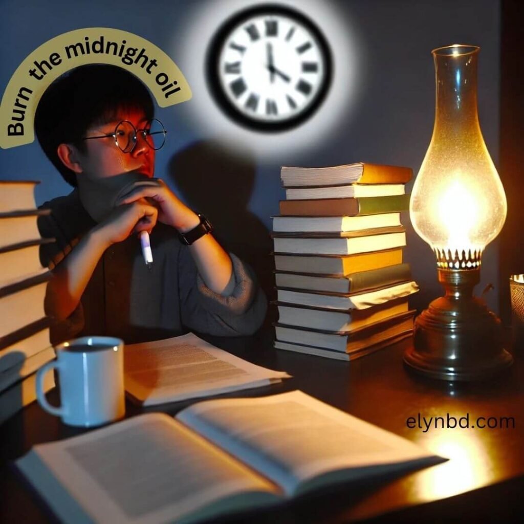 A focused student burning the midnight oil, studying late at night with books, a cup, and an oil lamp, symbolizing the idiom 'Burn the Midnight Oil' for late-night work, used on Elynbd.com.