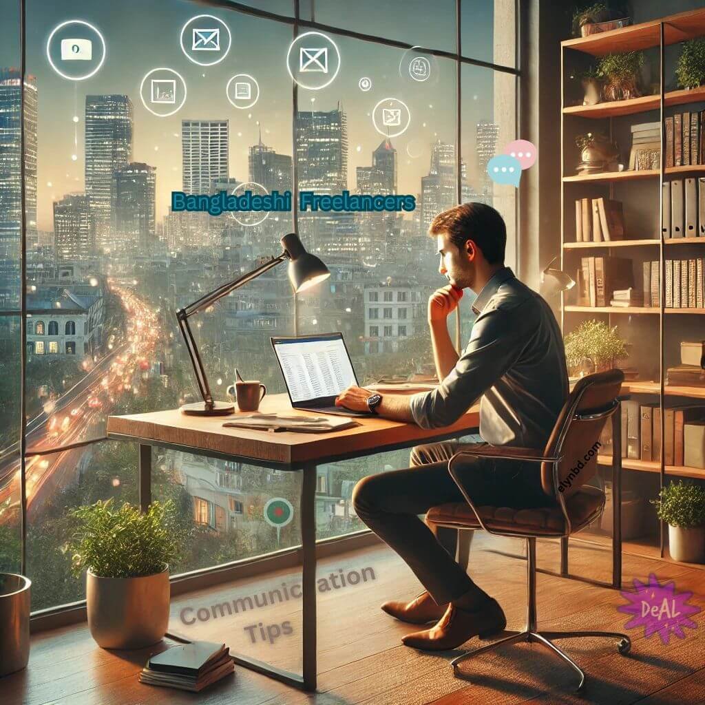 A Bangladeshi freelancer practicing communication skills at a desk with a view of Dhaka city, symbolizing productivity and collaboration.