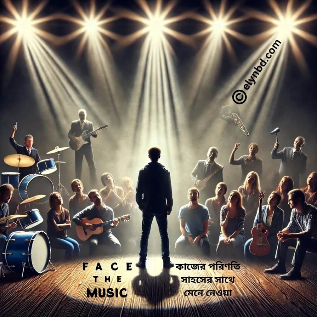 A person standing bravely under multiple spotlights on a stage with a critical audience and musicians in the background, symbolizing the idiom "Face the Music" for accepting challenges or consequences.