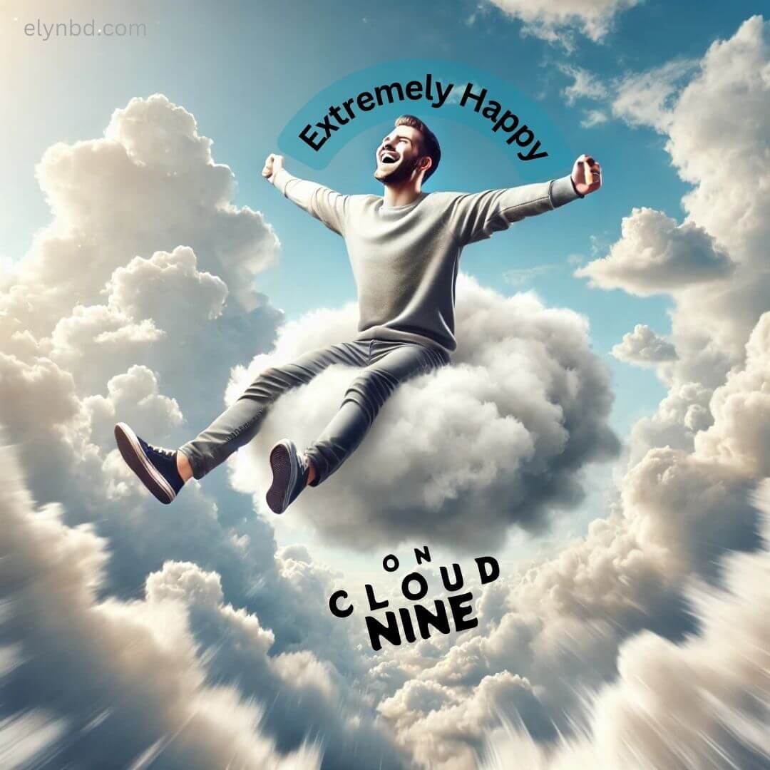 A joyful man sitting on a cloud, smiling and spreading his arms wide in happiness, symbolizing the idiom 'On Cloud Nine' for extreme happiness, used on Elynbd.com.