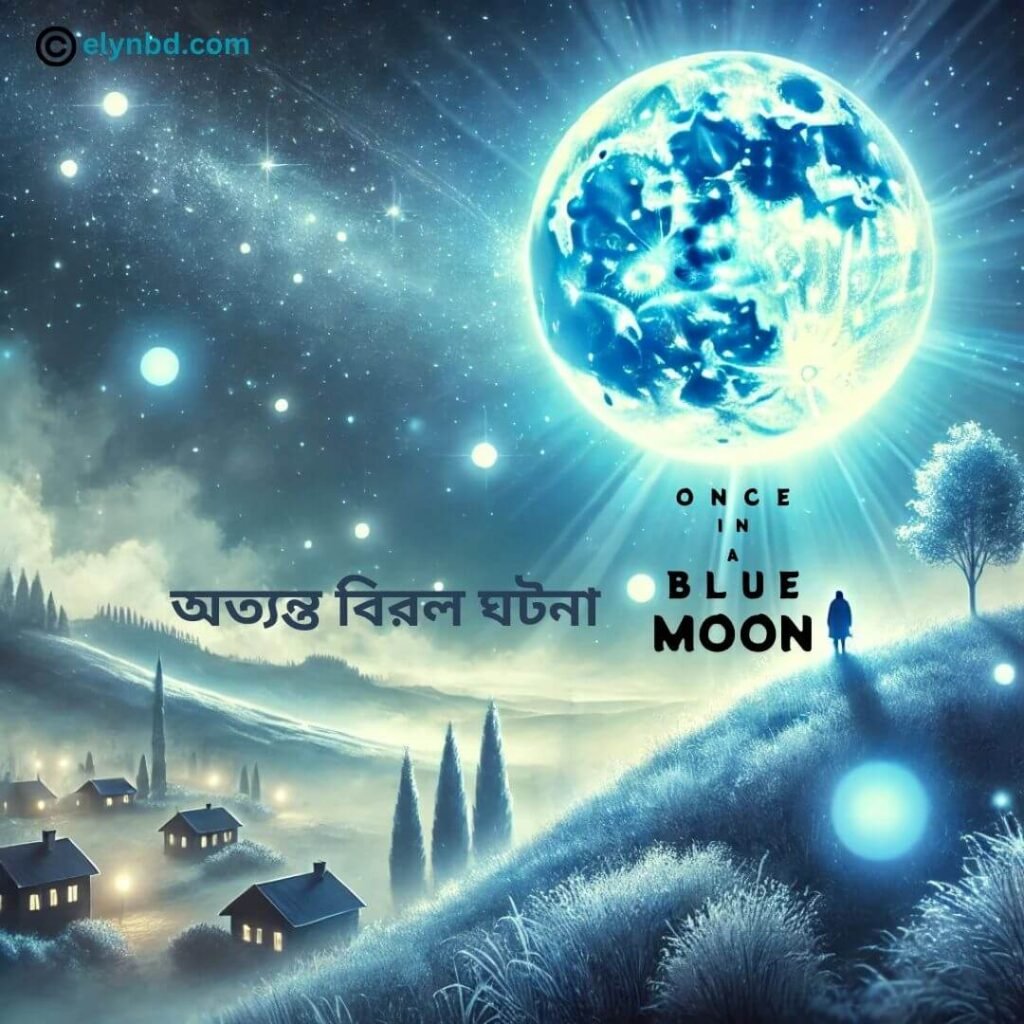 A serene nighttime scene featuring a glowing blue moon and a silhouette of a person on a hill, symbolizing the idiom 'Once in a Blue Moon,' meaning a rare event, with English and Bangla captions for Bangla Medium students, created for Elynbd.com.