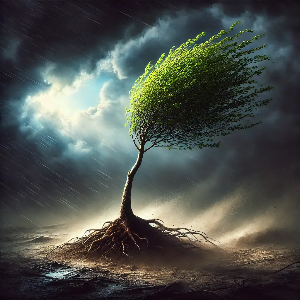 Illustration of a A Tree standing strong in a storm with roots deeply grounded, symbolizing resilience in adversity.