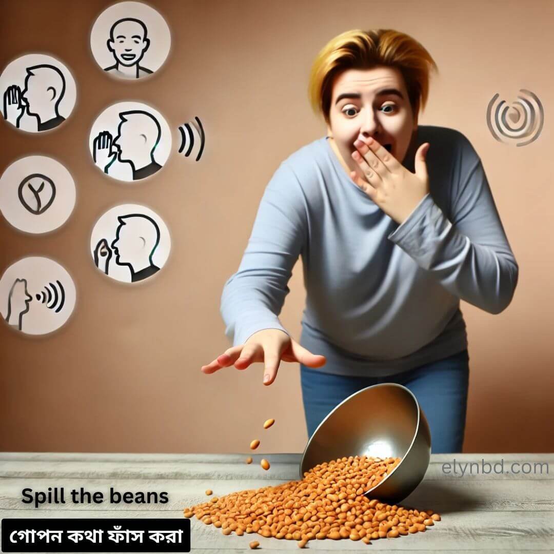 A surprised woman accidentally spilling beans from a bowl, symbolizing the idiom 'Spill the Beans' for revealing a secret, with icons indicating people sharing information.