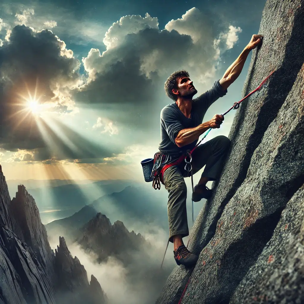 Illustration of a man climbing a steep rock showcasing determination and resilience under dramatic sky