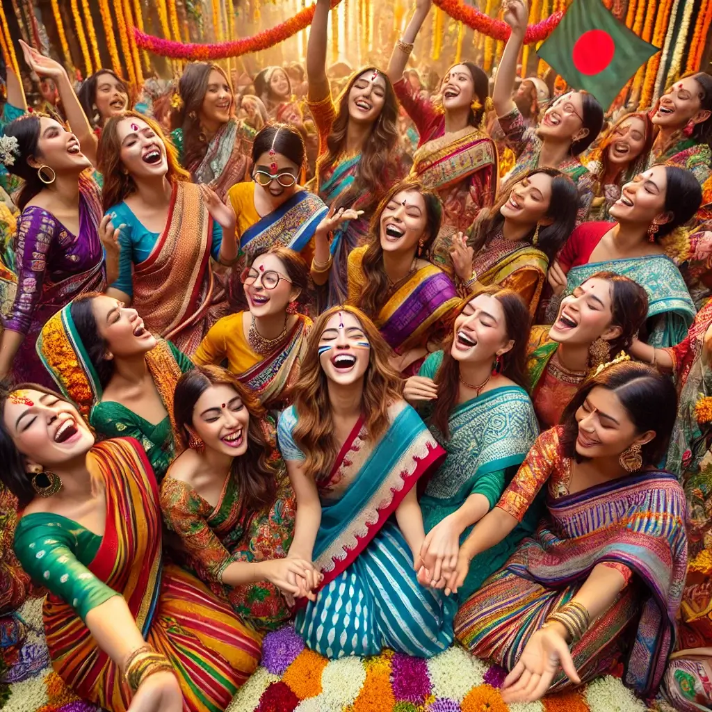 Illustration of a Group of women in colorful sarees laughing and celebrating in a lively cultural fest with Bangladeshi flag in the background symbolizing vivaciousness.