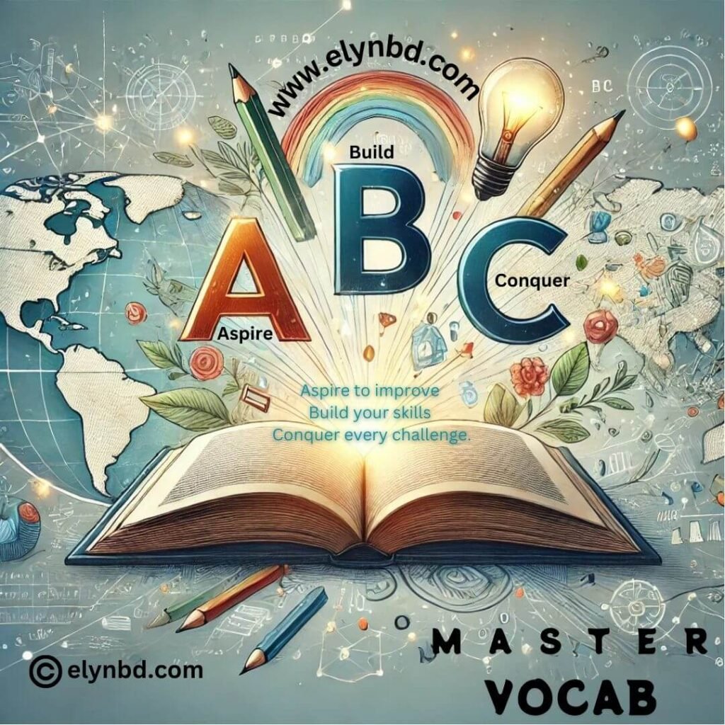 An artistic illustration of an open book with glowing letters A, B, C symbolizing Aspire, Build, and Conquer, surrounded by pencils, a globe, and a faint map of Bangladesh. Designed to inspire Bangla Medium students to master English vocabulary with ElynBD.