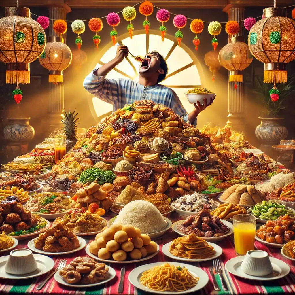 Illustration of a man enjoying a massive feast symbolizing voracious appetite under festive decorations