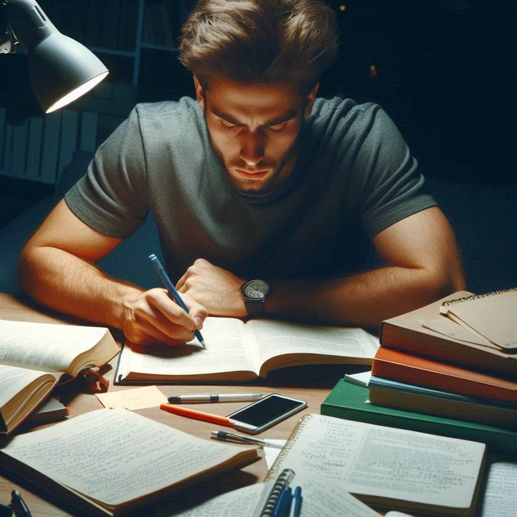 Illustration of a Man studying late at night under a lamp with full focus, showing zealous dedication to his work.