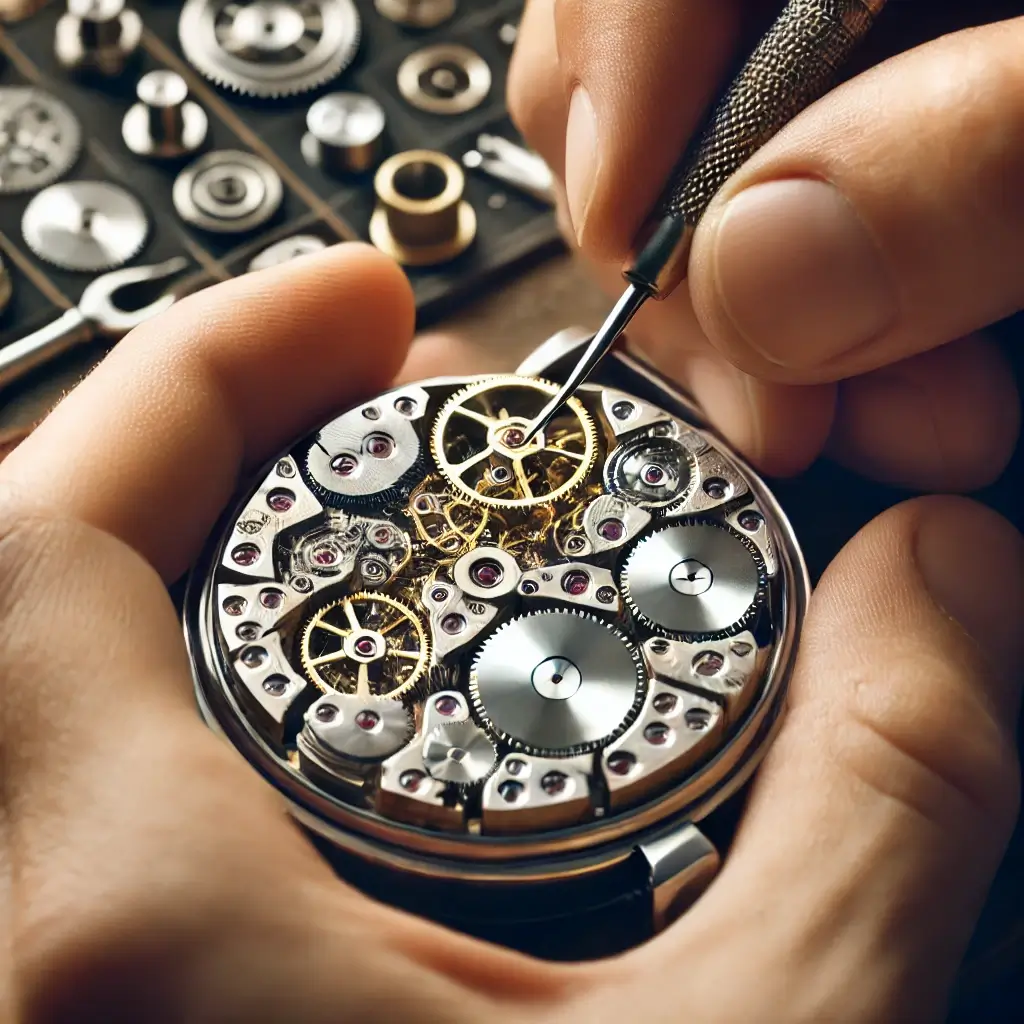 Illustration of hands working on the intricate mechanism of a watch, showcasing detailed craftsmanship