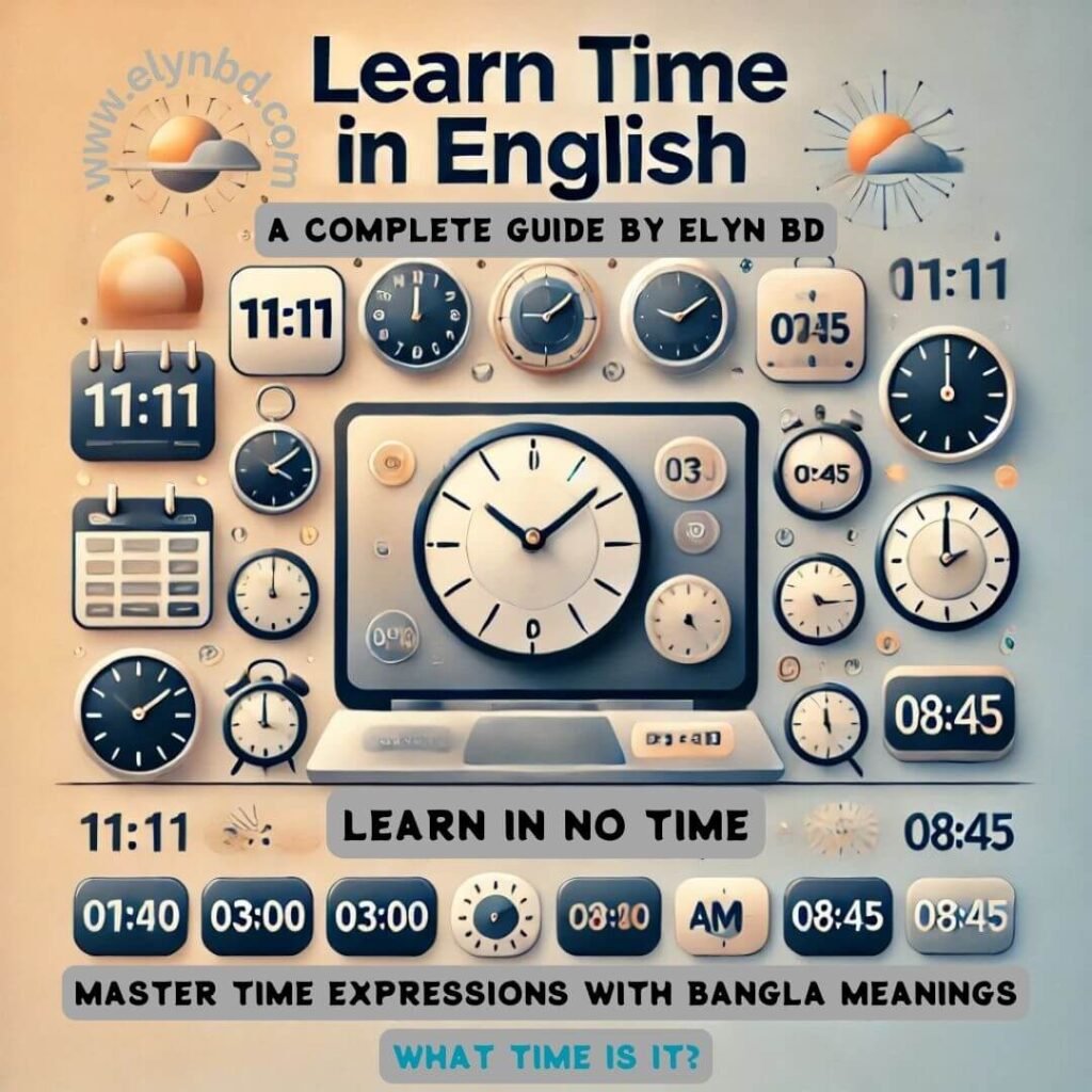 Learn Time in English - A Complete Guide by ELYN BD with digital and analog clocks, Bangla meanings, and time expressions.