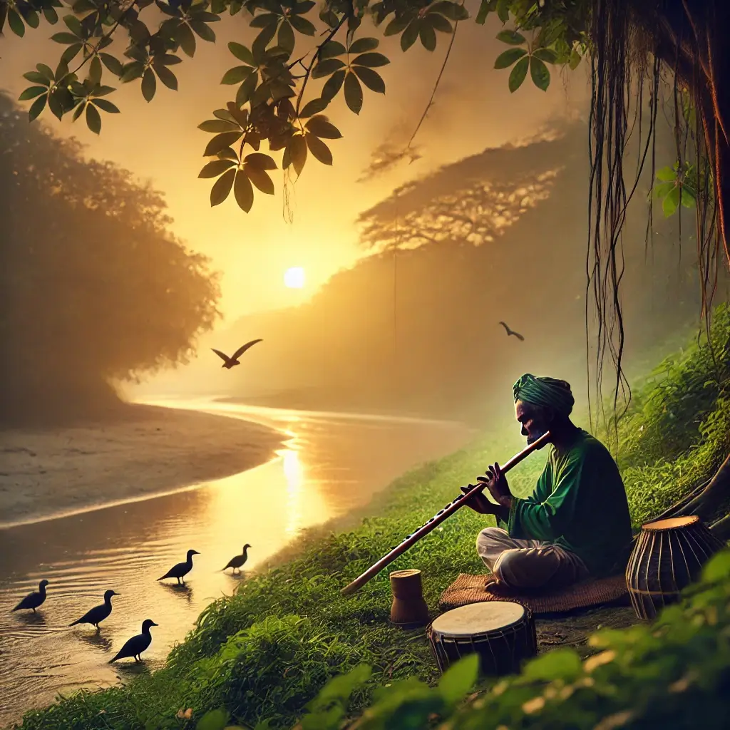 Illustration of a man playing a flute by a serene riverside at sunset, symbolizing mellifluous and melodious sounds