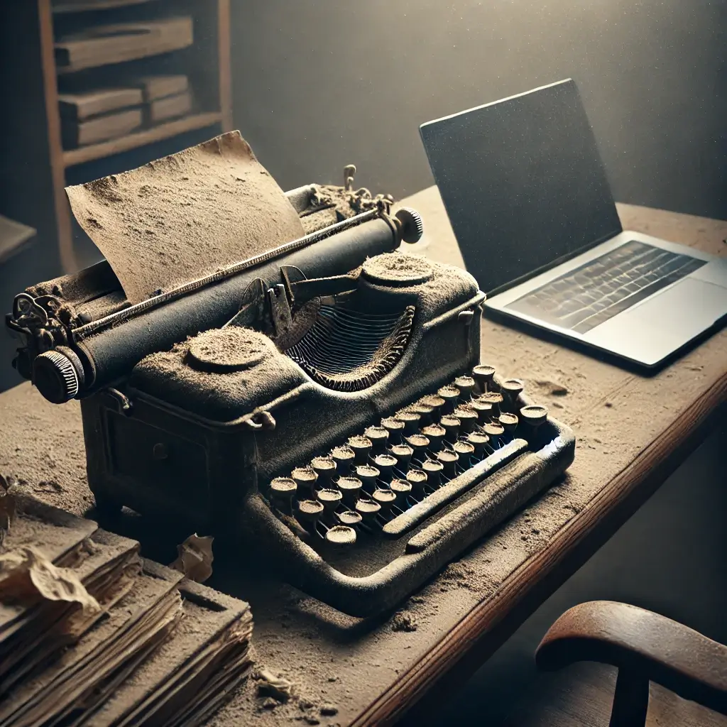 Illustration of a dusty typewriter on a desk beside a modern laptop, symbolizing obsolete technology replaced by newer tools