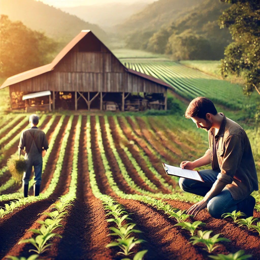 Illustration of a farmer inspecting crops in a field while another works in the background, symbolizing prudent decision-making in agriculture