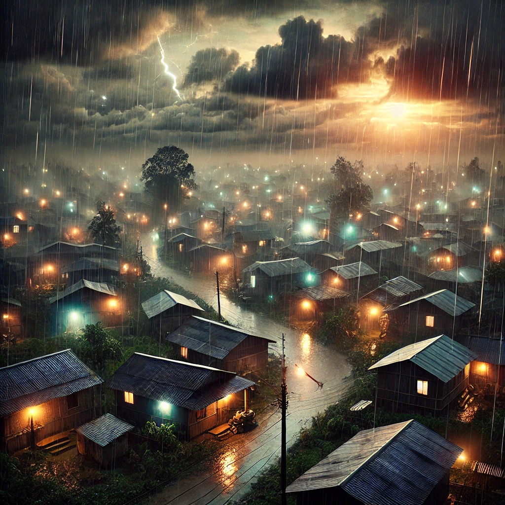 Illustration of a Rain-soaked village at night with sporadic flashes of lightning and glowing house lights, symbolizing irregular occurrences