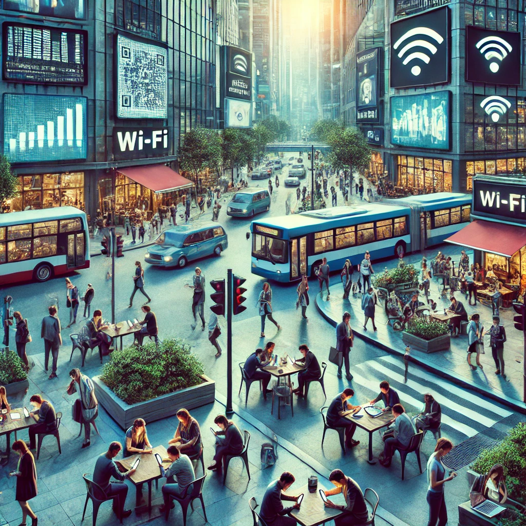 Illustration of a City street bustling with people using Wi-Fi-enabled devices, symbolizing ubiquitous connectivity