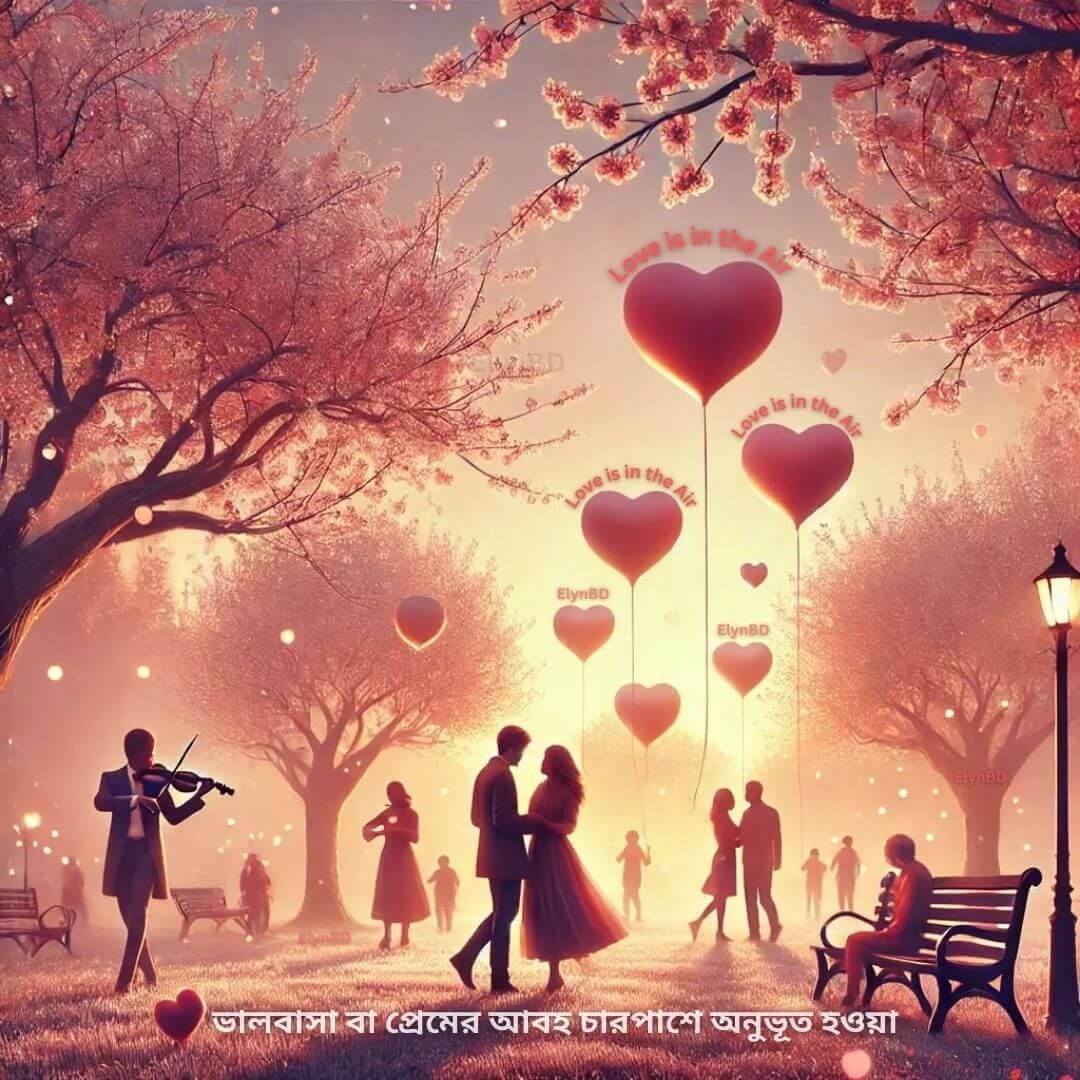'Love is in the Air' idiom illustrated with heart-shaped balloons floating in a romantic park setting, symbolizing love and romance all around. Elynbd.com