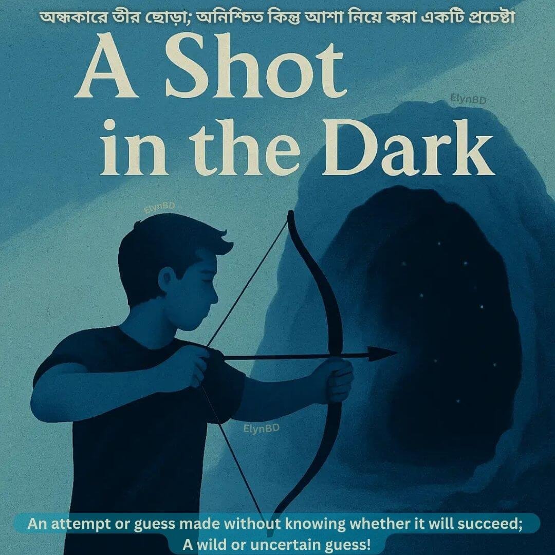 A digital illustration of a young boy shooting an arrow blindly into a dark cave, symbolizing the idiom 'A Shot in the Dark'—meaning an uncertain attempt or guess. Designed for English-Bangla learning at Elynbd.com.