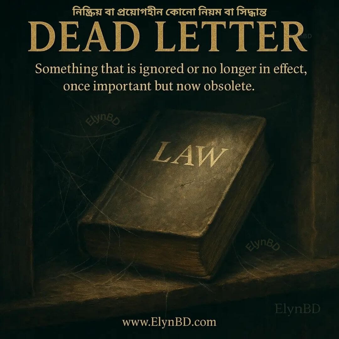 An old, dusty law book sitting on a cobwebbed shelf, symbolizing the idiom 'Dead Letter', representing outdated laws or rules. Perfect for idiom learning at Elynbd.com.