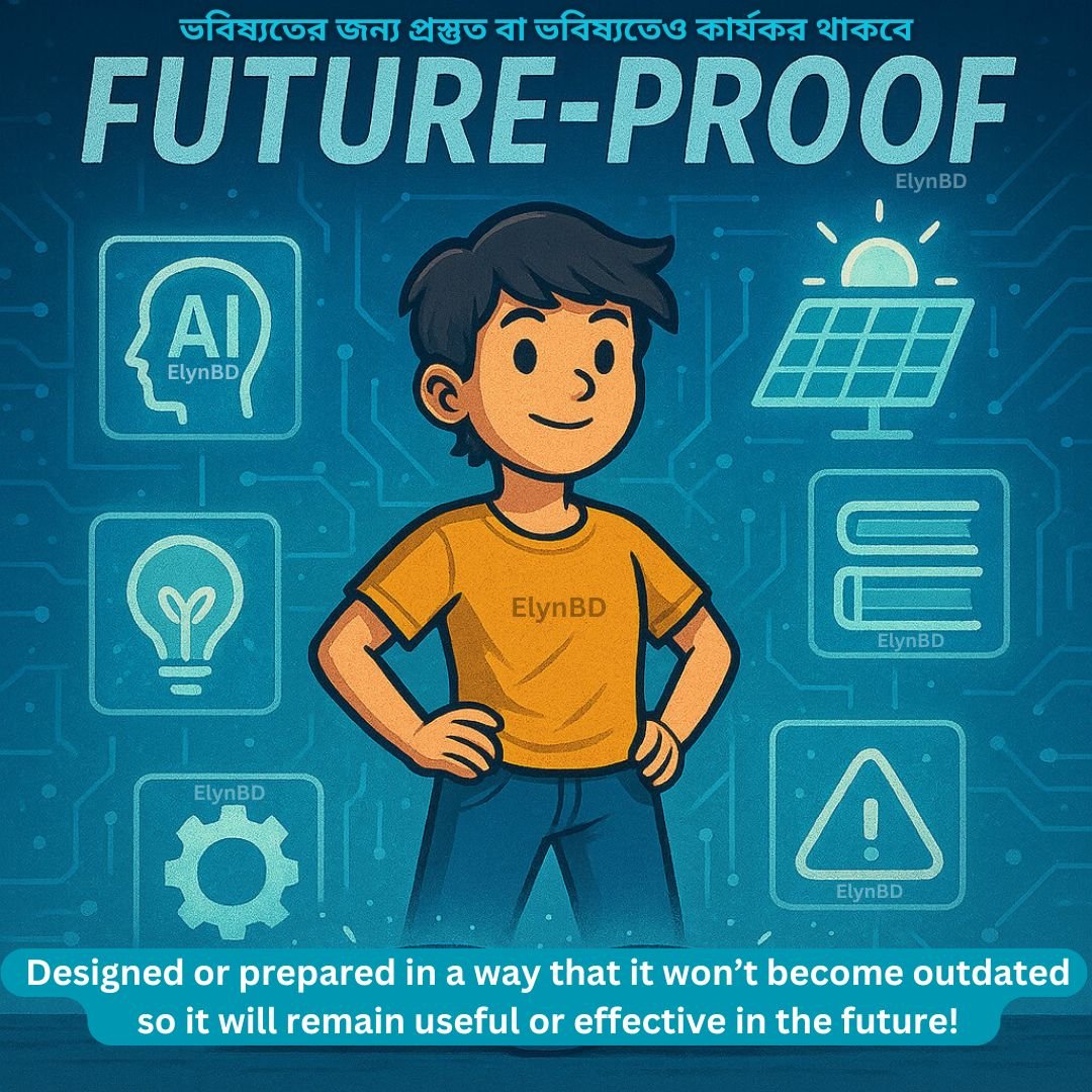 An animated boy standing confidently surrounded by AI, solar panel, gear, and book iconsārepresenting the idiom 'Future-Proof' which means to be prepared and useful for the future. English-Bangla meanings included on image by Elynbd.com.