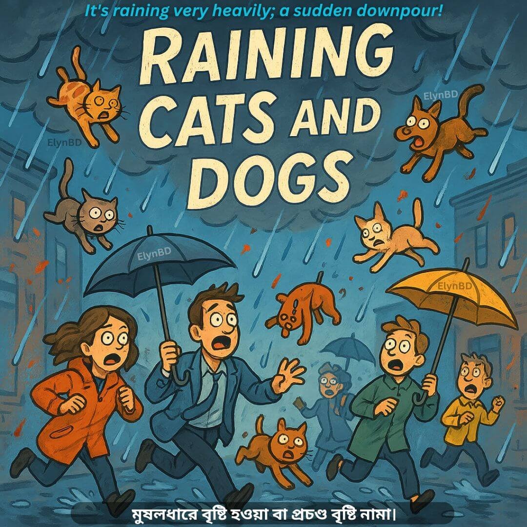 Cartoon-style illustration of people running with umbrellas in heavy rain as cats and dogs fall from the sky, visually explaining the idiom Raining Cats and Dogs in English and Bangla.
