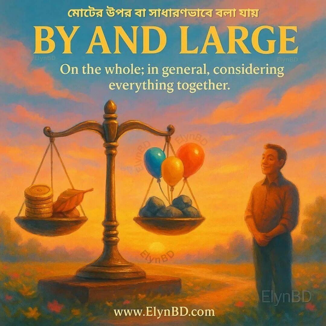 A man standing beside a scale balancing coins and balloons, symbolizing the idiom 'By and Large' — representing a general overview or overall perspective. English and Bangla meanings by Elynbd.com.