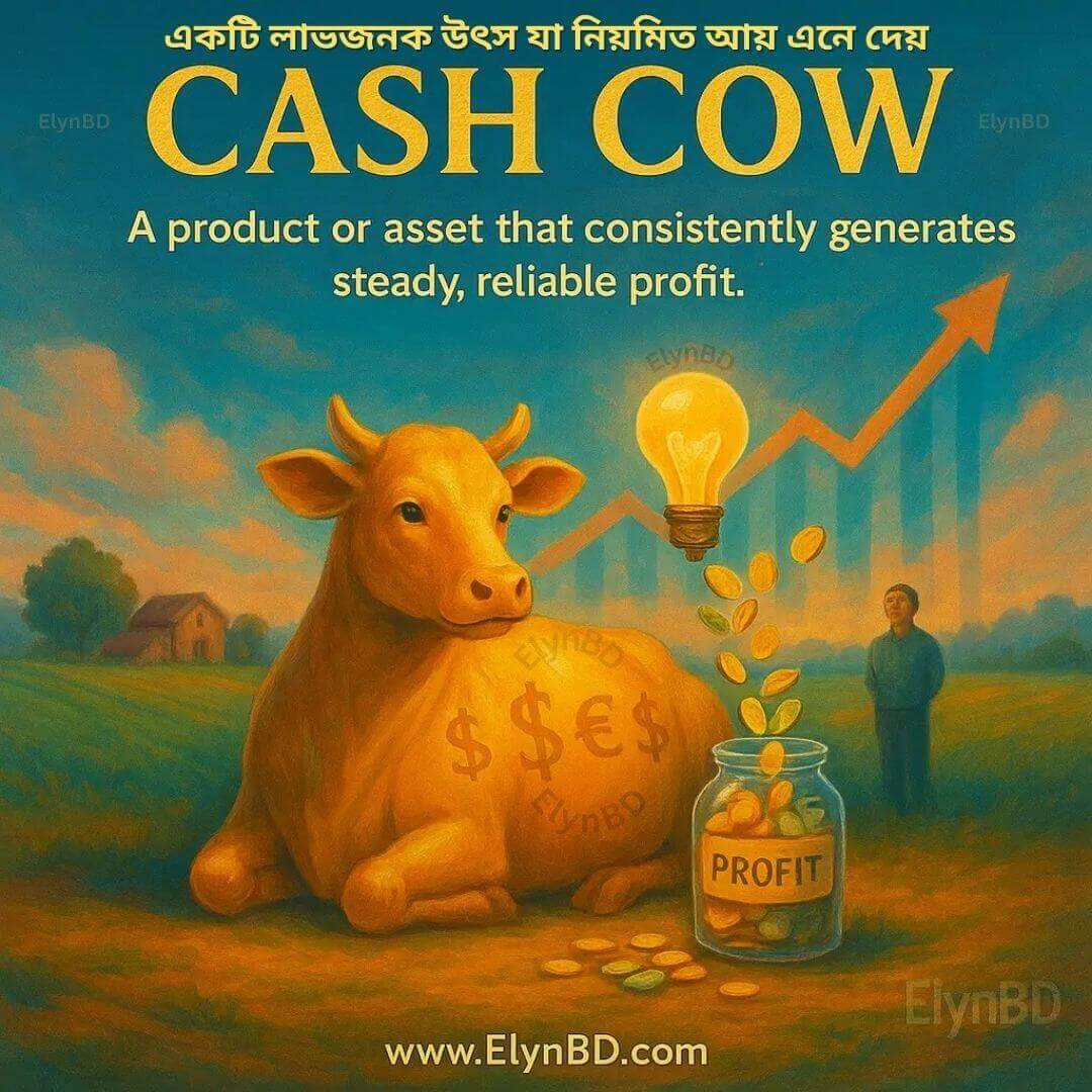 A radiant golden cow lying peacefully with currency symbols on its body, coins dropping into a jar labeled 'Profit', symbolizing the idiom 'Cash Cow' — a steady profit generator.