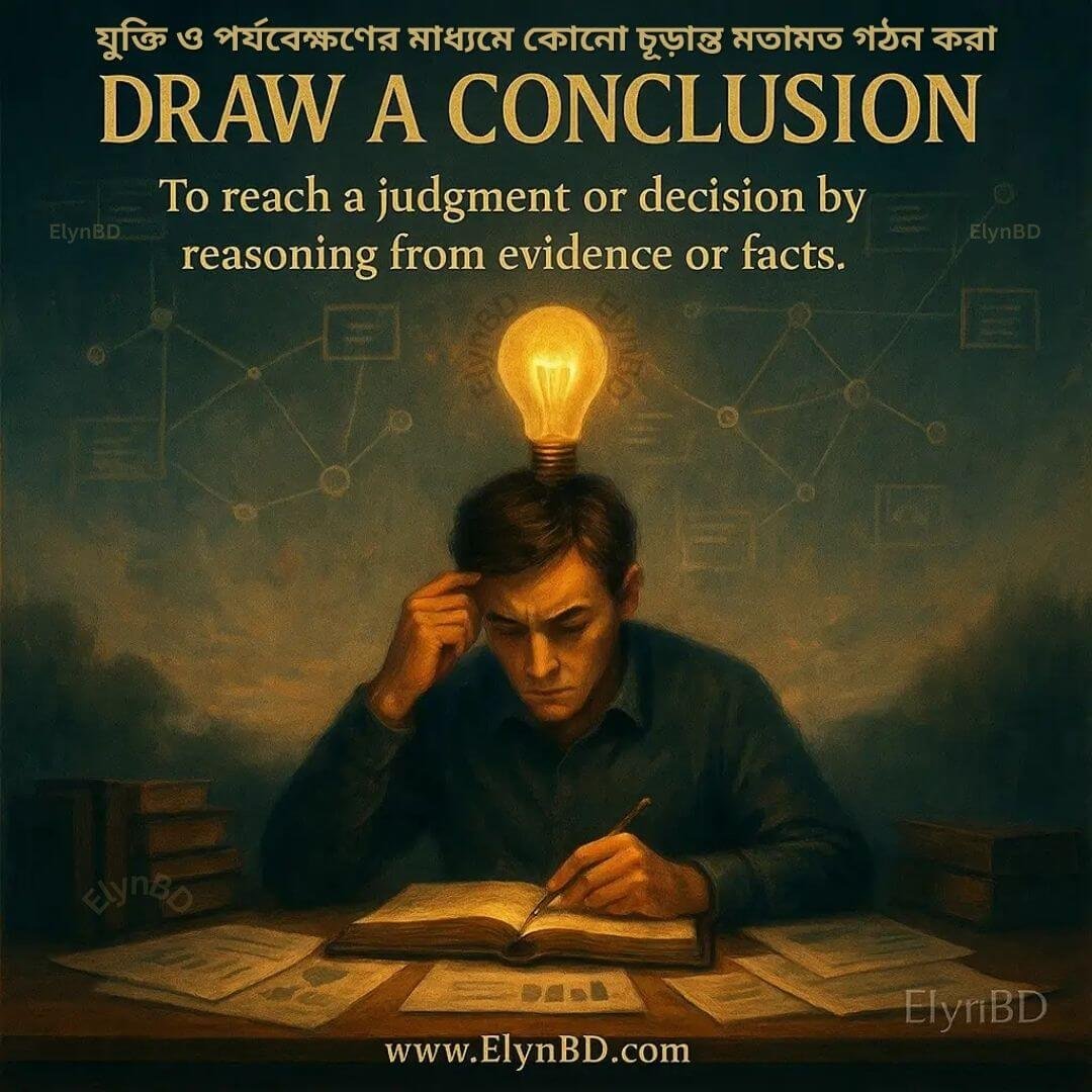 A man deep in thought under a glowing lightbulb, symbolizing the idiom 'Draw A Conclusion' – representing a decision made through reasoning. English-Bangla idiom learning content on ElynBD.com.