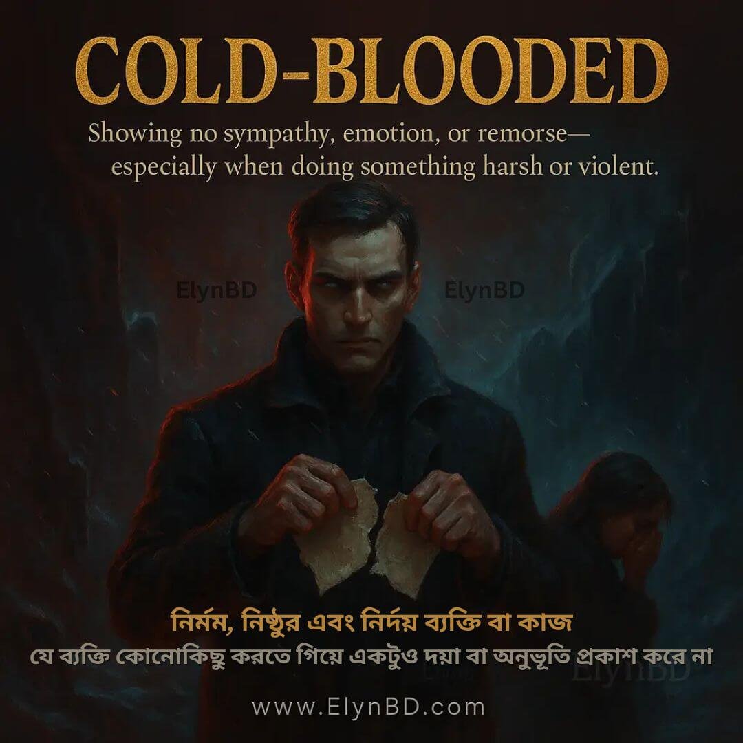 A stern man tearing paper with no emotion, representing 'Cold-Blooded' idiom meaning heartless or ruthless, explained in English and Bangla by Elynbd.com.