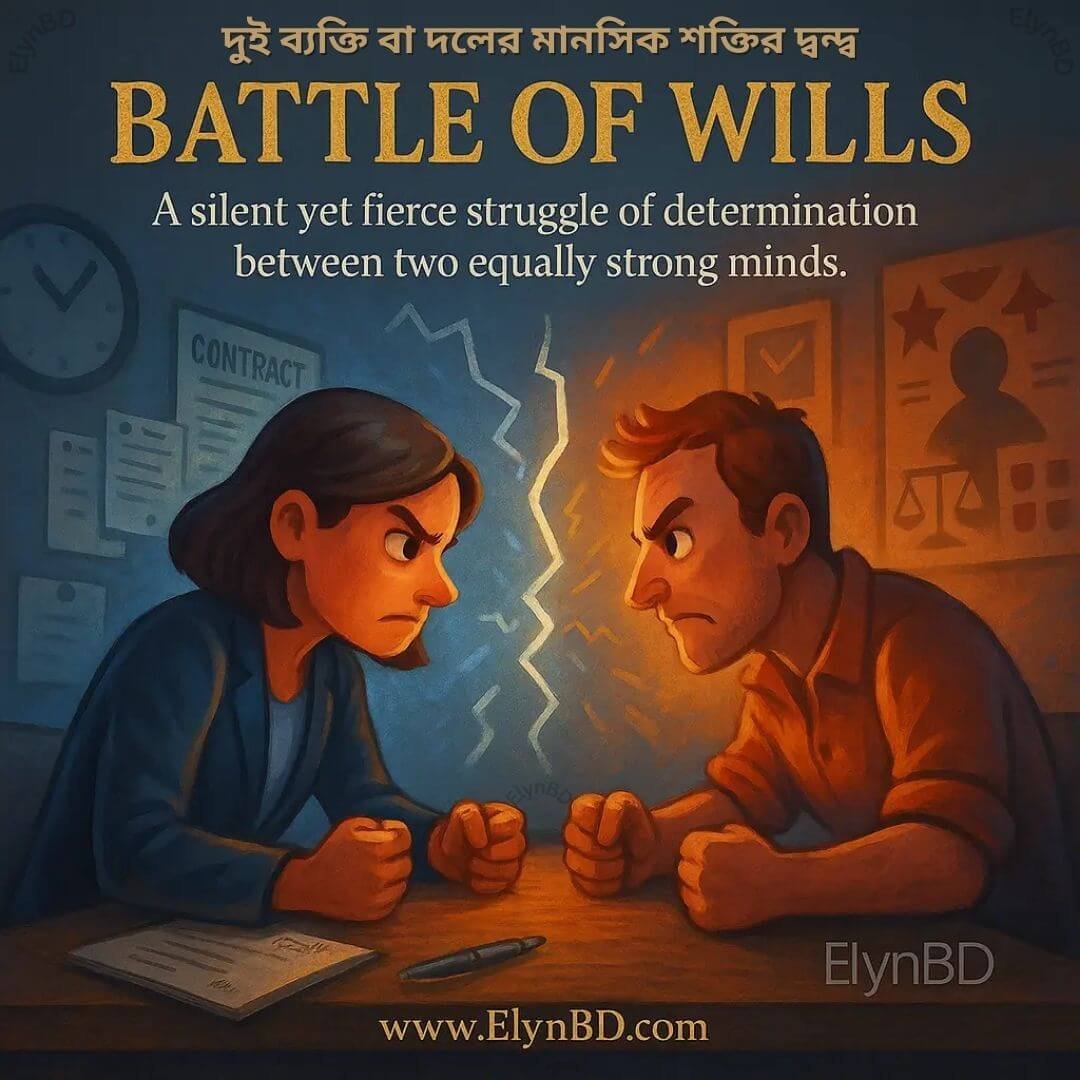 A tense cartoon-style illustration of two people engaged in a silent but intense face-off, fists clenched, representing the idiom “Battle of Wills” explained in Bangla and English by ElynBD.