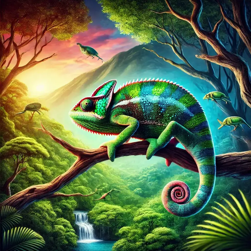 Illustration of a colorful chameleon sitting on a tree branch in a vibrant forest, symbolizing adaptability and the ability to change according to surroundings