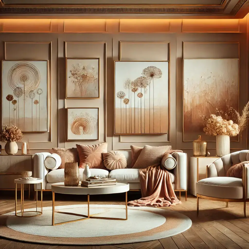 Illustration of a beautifully designed living room with soft golden lighting, neutral colors, and elegant wall art creating a calm and aesthetic atmosphere