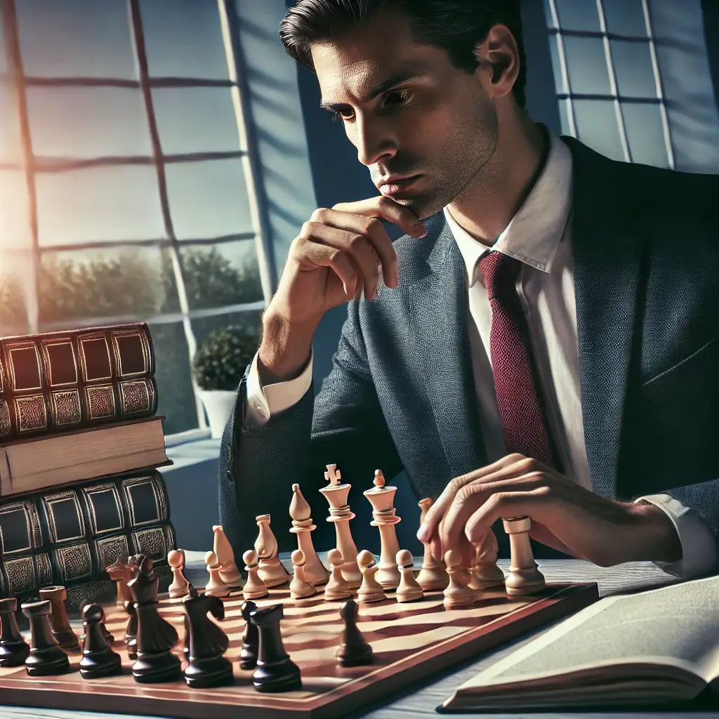 Illustration of a thoughtful man in a suit strategizing over a chessboard, symbolizing astute thinking, intelligence, and foresight in decision-making