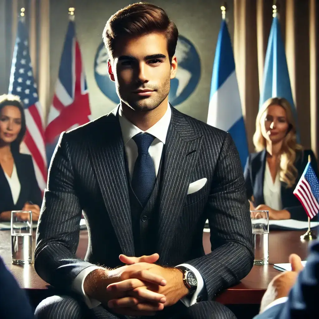 Illustration of a confident diplomat in a formal suit sitting at a negotiation table with international flags in the background, symbolizing diplomacy, tact, and leadership