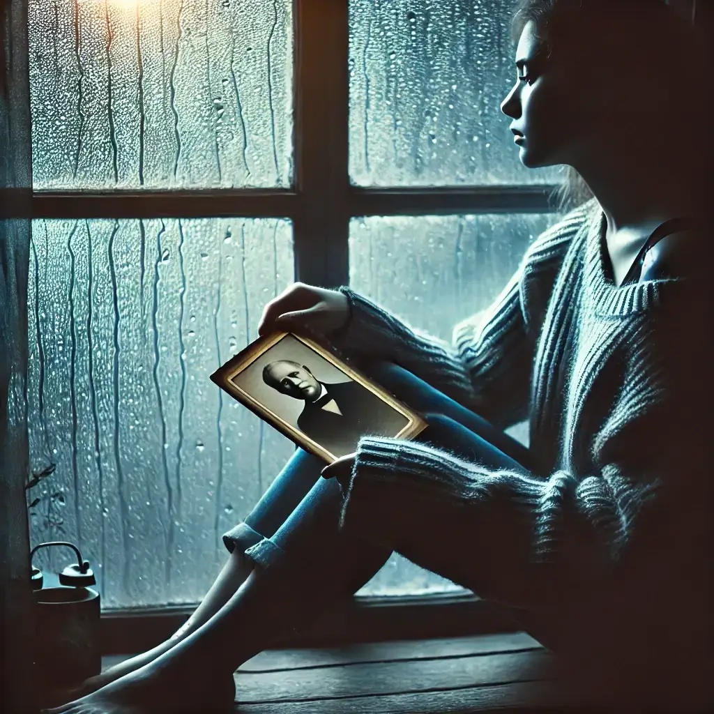 Illustration of a woman sitting by a rainy window holding an old photograph, symbolizing melancholic emotions, nostalgia, and deep reflection