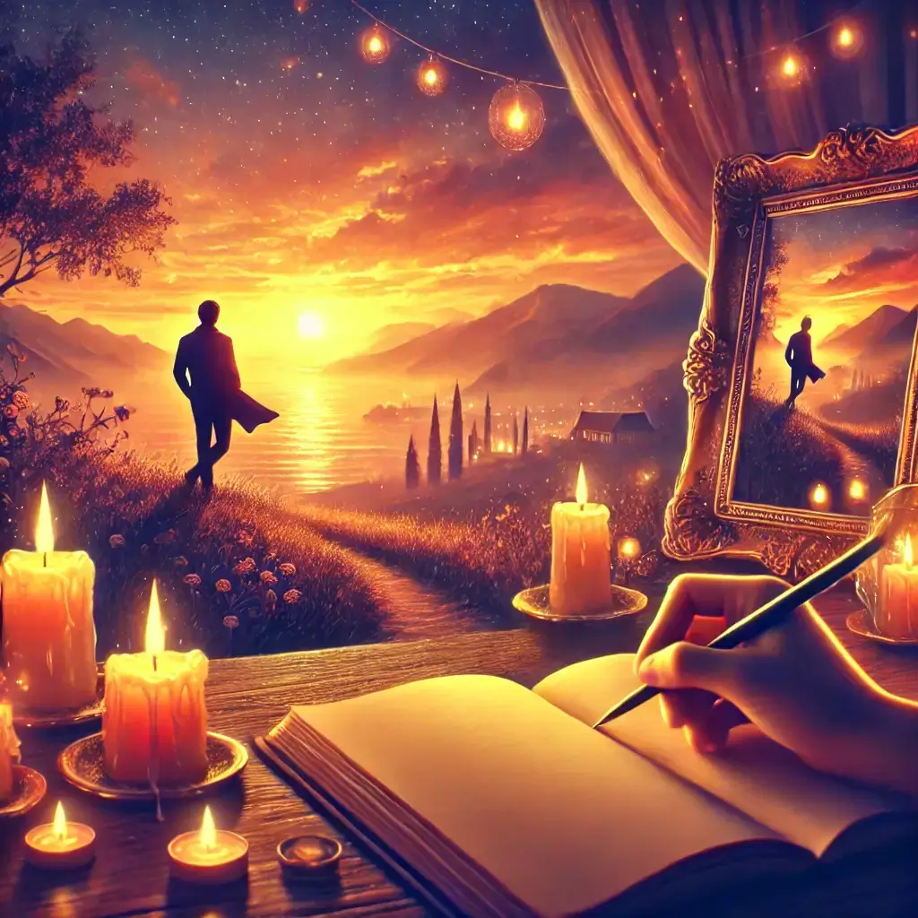 Illustration of a dreamy sunset scene with candles, an open notebook, and a person walking toward the horizon — symbolizing poetic imagination and emotional depth