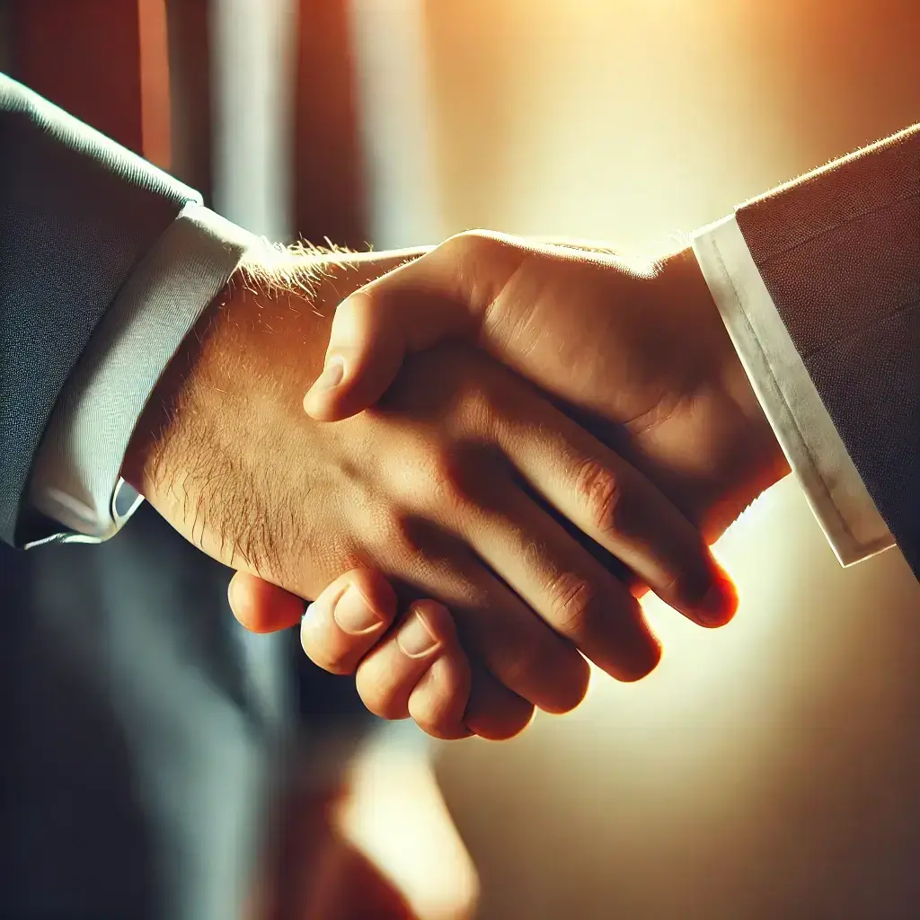 Illustration of two people shaking hands under warm sunlight, symbolizing an amicable agreement and mutual understanding