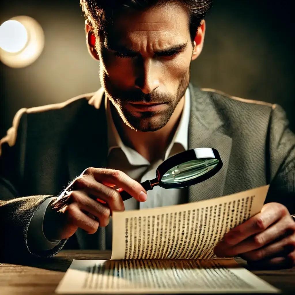 Illustration of a man in a suit examining a document closely through a magnifying glass under focused light, symbolizing careful scrutiny and attention to detail