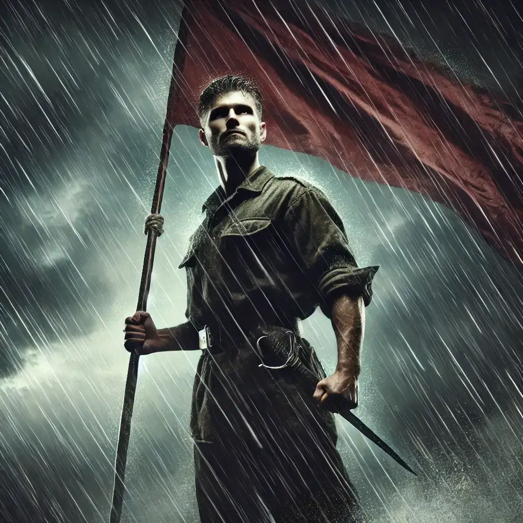 Illustration of a soldier standing firm in heavy rain holding a red flag, symbolizing unwavering courage, determination, and resilience against all odds