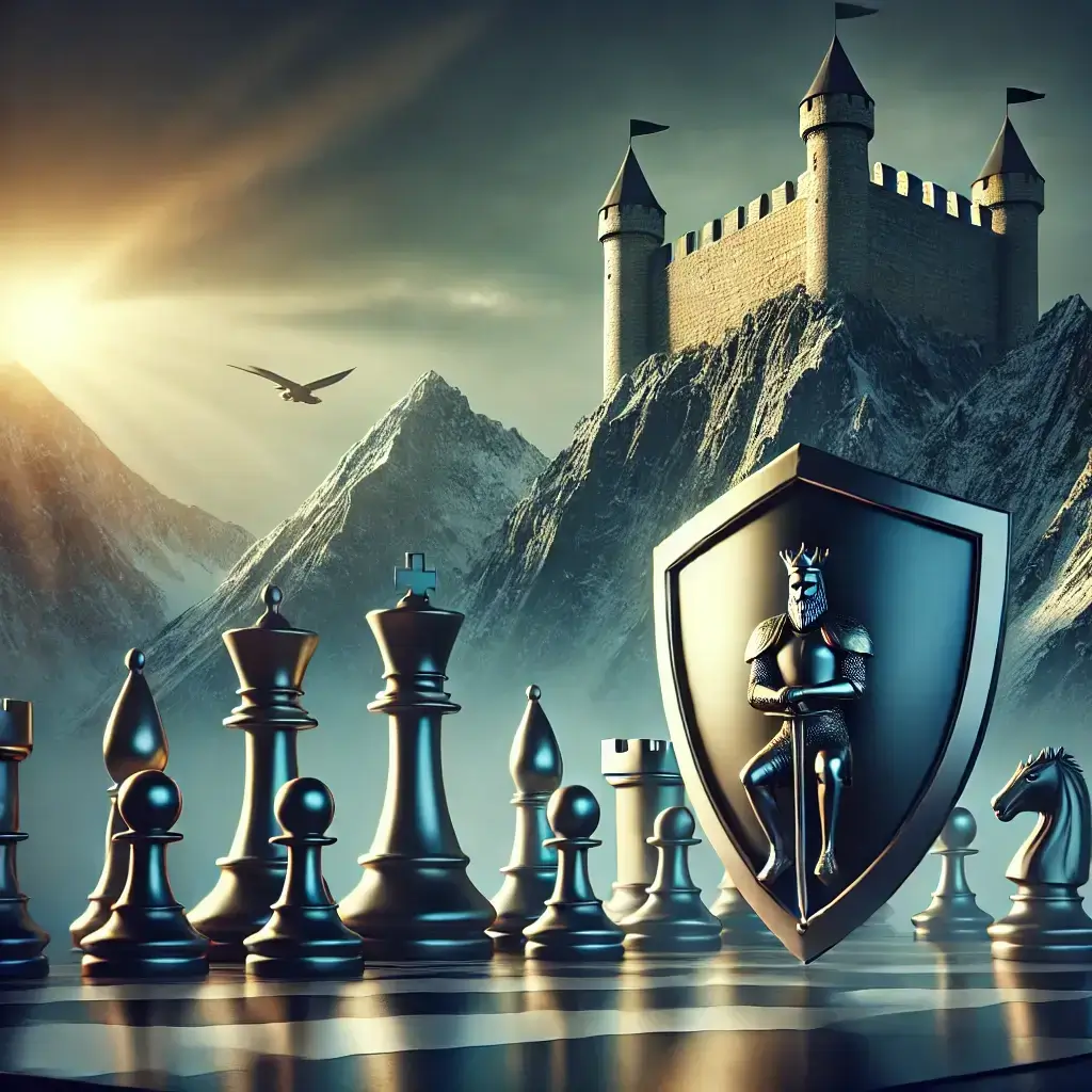 Illustration of a fortress standing strong behind chess pieces and a knight’s shield, symbolizing the concept of being unassailable, unbeatable, and undefeatable