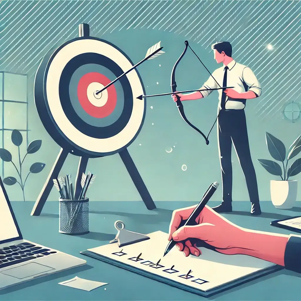 An illustration of a person aiming an arrow at a bullseye target while another hand checks off tasks on a list, symbolizing focus, goals, and objectivity