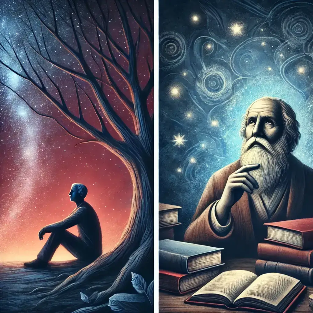 An artistic illustration showing a thinker gazing at the stars and an old philosopher surrounded by books, symbolizing deep thought, reflection, and the nature of wisdom