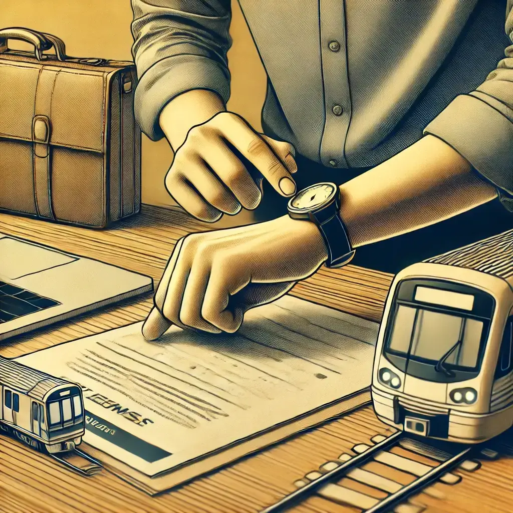 Illustration of a professional checking his watch beside a laptop, trains, and documents on a table — symbolizing punctuality, discipline, and time management