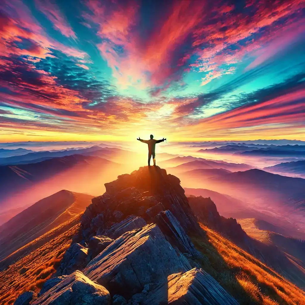 A person standing at the top of a mountain under a breathtaking sunrise sky, symbolizing a transcendent and awe-inspiring experience beyond ordinary limits
