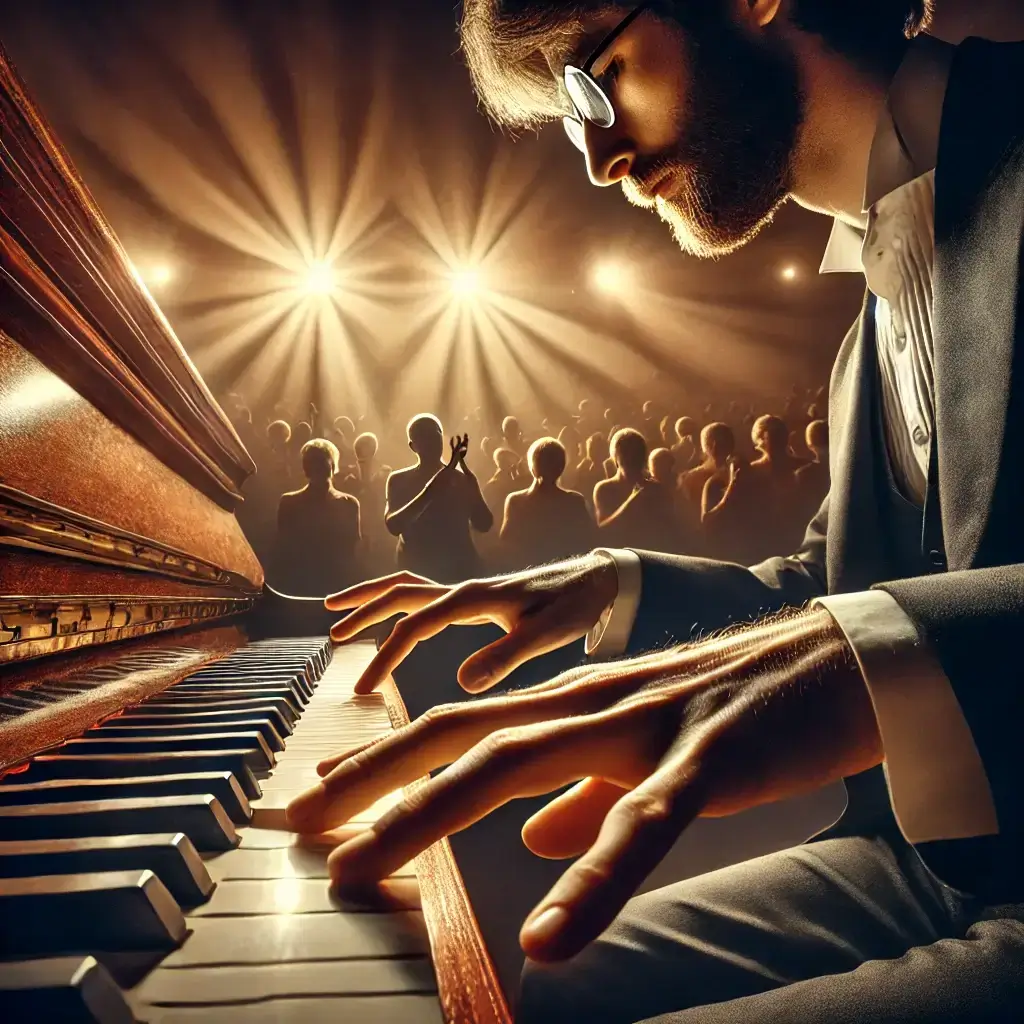 Illustration of a skilled pianist performing on stage under bright lights, symbolizing mastery, talent, and artistic excellence — the essence of a virtuoso